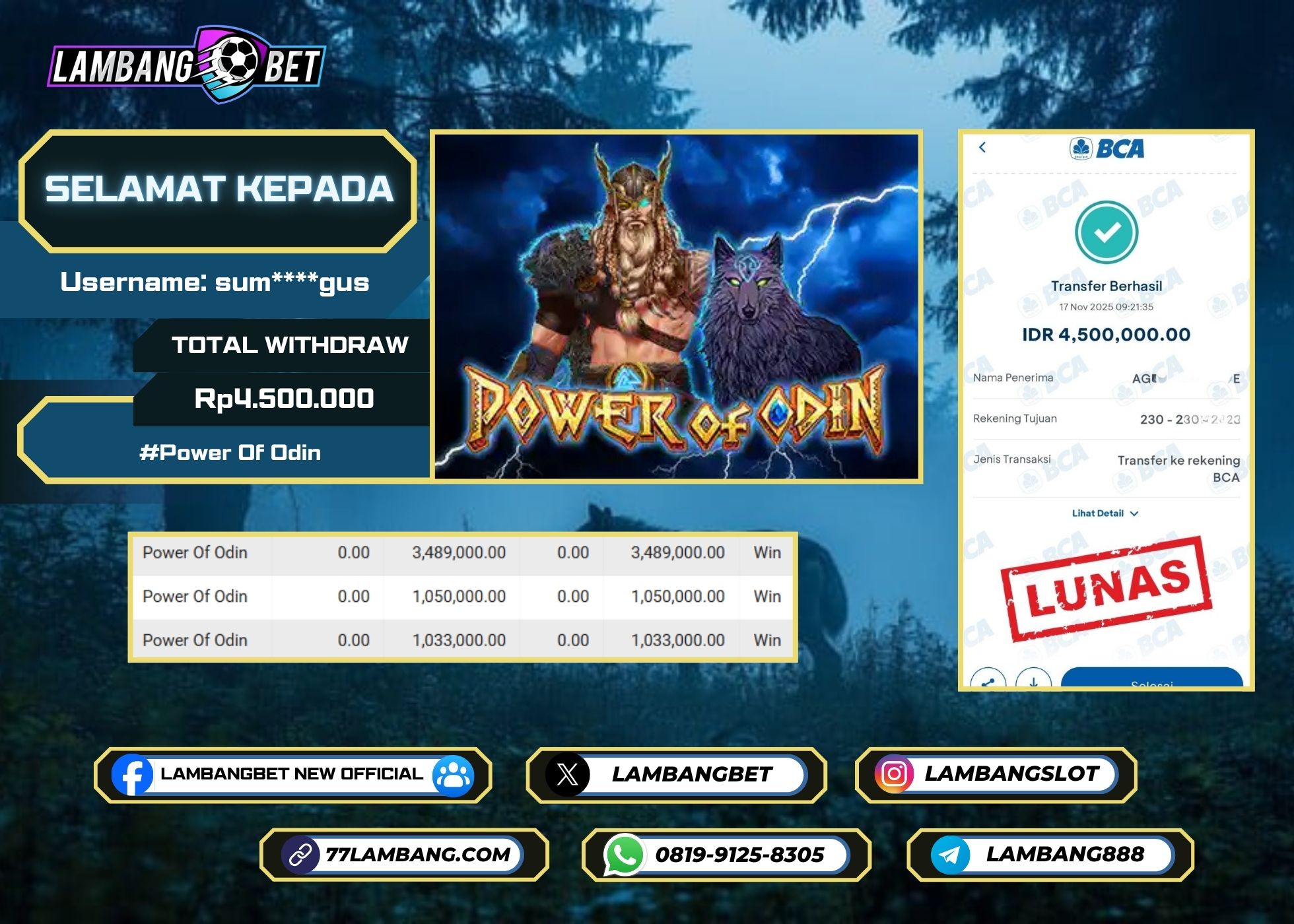 LAMBANGBET [17 NOVEMBER 2025] JACKPOT SLOT Power Of Odin "Rp4.500.000" LUNAS